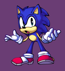 Size: 571x624 | Tagged: safe, artist:silviagoesnuts, sonic the hedgehog, 2022, classic sonic, looking at viewer, mouth open, purple background, shrugging, simple background, solo, standing