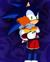 Size: 1664x2048 | Tagged: safe, artist:fredsters-world, miles "tails" prower, sonic the hedgehog, 2025, abstract background, alternate universe, au:all for you, carrying them, clothes, duo, looking offscreen, no mouth, standing