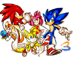 Size: 1280x1024 | Tagged: safe, artist:charmcaster707, amy rose, cheese (chao), cream the rabbit, knuckles the echidna, miles "tails" prower, sonic the hedgehog, chao, 2018, frown, group, looking at viewer, looking offscreen, neutral chao, signature, simple background, smile, sonic advance 3, white background