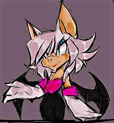 Size: 359x386 | Tagged: safe, artist:charmcaster707, rouge the bat, 2019, lidded eyes, looking offscreen, low res, purple background, simple background, solo, standing