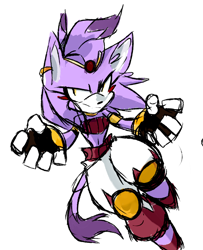 Size: 854x1050 | Tagged: safe, artist:charmcaster707, blaze the cat, 2022, alternate outfit, crop top, ear piercing, earring, fingerless gloves, frown, kneepads, looking at viewer, pants, simple background, sketch, solo, white background