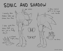 Size: 1998x1620 | Tagged: safe, artist:cha0s_error, shadow the hedgehog, sonic the hedgehog, 2025, character name, claws, drawing tutorial, duo, english text, grey background, line art, monochrome, pawpads, simple background, standing, tutorial