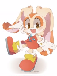 Size: 1526x2048 | Tagged: safe, artist:sannydrawz, cream the rabbit, 2025, blushing, creamabetes, cute, eyelashes, hand up, looking at viewer, mouth open, shadow (lighting), signature, simple background, smile, solo, standing on one leg, white background