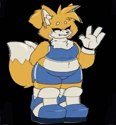 Size: 531x573 | Tagged: safe, artist:vancyno, miles "tails" prower, oc, oc:myla tails prower, alignment swap, alternate universe, arm fluff, au:the curse, beanbrows, black background, blue shoes, boots, chest fluff, chubby, clothes, crop top, ear fluff, ear piercing, earring, eyes closed, hand behind back, one fang, shorts, simple background, smile, solo, standing, trans female, transgender, waving