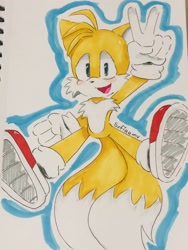 Size: 1536x2048 | Tagged: safe, artist:sxfiaamv, miles "tails" prower, 2025, clenched fist, looking at viewer, mid-air, mouth open, outline, signature, smile, solo, traditional media, v sign