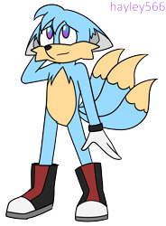 Size: 1620x2206 | Tagged: safe, artist:hayley566, oc, oc:tri the fox, fox, 2023, boots, ear fluff, flat colors, floppy ears, fusion, fusion:kit, fusion:tails, hand behind head, looking offscreen, signature, simple background, smile, solo, standing, three tails, transparent background