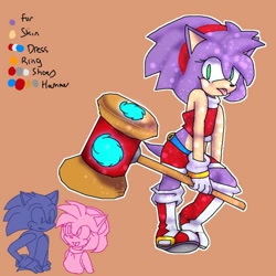 Size: 1000x1000 | Tagged: safe, artist:xxsjdoodlesxx, amy rose, sonic the hedgehog, oc, hedgehog, 2018, boots, crop top, english text, fusion, fusion:amy, fusion:sonic, holding something, looking at viewer, orange background, outline, piko piko hammer, shorts, simple background, smile, solo focus, standing, tongue out, trio