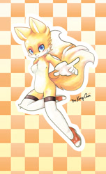 Size: 538x886 | Tagged: safe, artist:karrychan, miles "tails" prower, 2012, abstract background, checkered background, cute, gender swap, looking at viewer, outline, pointing, signature, smile, solo, stockings, tailabetes