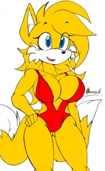 Size: 701x1140 | Tagged: suggestive, artist:emperor zheng, miles "tails" prower, oc, oc:tailsko, 2021, busty tails, eye clipping through hair, eyebrow clipping through hair, flat colors, gender swap, hand on hip, looking offscreen, older, signature, simple background, smile, solo, standing, swimsuit, white background