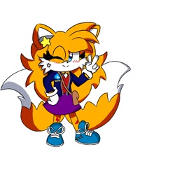 Size: 1280x1280 | Tagged: safe, artist:clone-miles-tails, miles "tails" prower, 2023, bag, blue shoes, gender swap, hand on hip, jacket, looking at viewer, shoelaces, skirt, smile, solo, wink