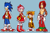 Size: 1515x996 | Tagged: safe, artist:knockabiller, amy rose, knuckles the echidna, miles "tails" prower, sonic the hedgehog, human, 2016, bag, blue background, clothes, dress, frown, goggles, group, hammer, helmet, humanized, jacket, pants, shirtless, simple background, smile, standing