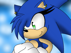 Size: 640x479 | Tagged: safe, artist:xxlovehedgehogxx, sonic the hedgehog, 2012, ear piercing, earring, eyelashes, gender swap, gradient background, looking offscreen, ms paint, smile, solo, sonic x, standing