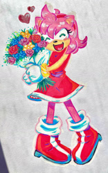 Size: 1024x1644 | Tagged: safe, artist:re3remake, amy rose, 2025, blushing, cute, eyelashes, eyes closed, flower, flower bouquet, heart, heart tongue, holding something, mouth open, smile, solo, standing, traditional media