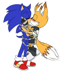 Size: 1690x1993 | Tagged: safe, artist:triplettailedfox, miles "tails" prower, nine, sonic the hedgehog, sonic prime, 2025, blushing, duo, eyes closed, flat colors, gay, hand on another's face, holding each other, kiss, mobius.social exclusive, nine x sonic, shipping, signature, simple background, sonic x tails, standing, transparent background