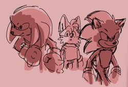 Size: 820x557 | Tagged: safe, artist:msvartzy, knuckles the echidna, miles "tails" prower, sonic the hedgehog, 2025, monochrome, mouth open, pink background, simple background, smile, standing, team sonic, trio