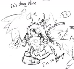 Size: 1401x1308 | Tagged: safe, artist:benyante, miles "tails" prower, nine, sonic the hedgehog, sonic prime, 2025, dialogue, duo, english text, hugging, line art, monochrome, sad, simple background, sketch, white background