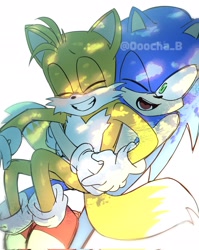 Size: 1627x2048 | Tagged: safe, artist:ooocha_b, miles "tails" prower, sonic the hedgehog, 2025, clenched teeth, duo, eyes closed, holding them, hugging, hugging from behind, mouth open, one eye closed, signature, simple background, smile, white background