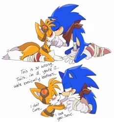 Size: 1351x1449 | Tagged: safe, artist:pachirizuu, miles "tails" prower, sonic the hedgehog, 2025, age difference, blushing, dialogue, duo, english text, eyes closed, kiss, looking at each other, simple background, sonic boom (tv), sonic x tails, underage, white background