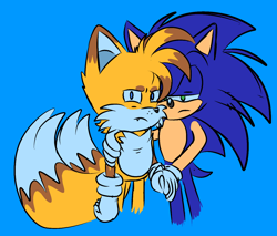 Size: 1284x1095 | Tagged: safe, artist:nightfall-violin, miles "tails" prower, sonic the hedgehog, aged up, blue background, duo, flat colors, frown, gay, holding hands, mobius.social exclusive, older, shipping, simple background, sketch, sonic x tails