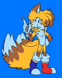 Size: 1484x1870 | Tagged: safe, artist:nightfall-violin, miles "tails" prower, fox, aged up, arm fluff, blue background, boots, ear fluff, electrical gloves, flat colors, hand on hip, looking at viewer, male, mobius.social exclusive, odd shoes, older, one fang, pointing, simple background, smile, smiling at viewer, solo, solo male, standing