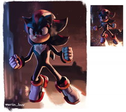 Size: 1576x1400 | Tagged: safe, artist:mariin_luuv, shadow the hedgehog, sonic the hedgehog 3 (film), 2025, abstract background, clenched fists, frown, lineless, looking offscreen, mid-air, redraw, reference inset, signature, solo