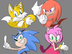 Size: 1280x955 | Tagged: safe, artist:mixiecic20, amy rose, knuckles the echidna, miles "tails" prower, sonic the hedgehog, 2025, bust, grey background, group, looking at viewer, looking offscreen, pointing, signature, simple background, smile, stretching