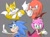 Size: 1280x955 | Tagged: safe, artist:mixiecic20, amy rose, knuckles the echidna, miles "tails" prower, sonic the hedgehog, echidna, fox, hedgehog, 2025, bust, female, grey background, grin, group, head tilt, looking at viewer, looking offscreen, male, pointing, quartet, signature, simple background, smile, smiling at viewer, stretching