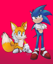 Size: 1080x1292 | Tagged: safe, artist:lgorw, miles "tails" prower, sonic the hedgehog, 2023, arms folded, duo, legs crossed, lidded eyes, looking at viewer, pink background, signature, simple background, sitting, smile, standing