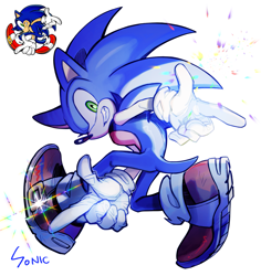 Size: 1431x1518 | Tagged: safe, artist:lujji, sonic the hedgehog, sonic adventure, 2025, adventure pose, looking at viewer, mid-air, pointing, posing, redraw, reference inset, shine, signature, simple background, smile, solo, white background