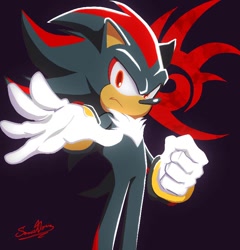 Size: 740x770 | Tagged: safe, artist:samdraftman316, shadow the hedgehog, 2025, black background, clenched fist, frown, no outlines, reaching towards the viewer, shadow's logo, signature, simple background, solo, standing