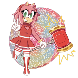 Size: 2048x2048 | Tagged: safe, artist:celestial-bat, amy rose, 2022, alternate outfit, cleavage, clenched teeth, holding something, looking at viewer, piko piko hammer, semi-transparent background, signature, smile, solo, standing on one leg, v sign