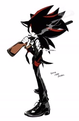 Size: 1247x1906 | Tagged: safe, artist:_u3928u_, shadow the hedgehog, 2025, cigarette, gun, holding something, korean text, looking at viewer, mouth hold, rifle, signature, simple background, smoking, solo, standing, suit, white background