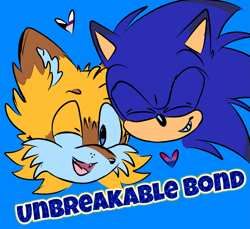 Size: 1975x1812 | Tagged: safe, artist:nightfall-violin, miles "tails" prower, sonic the hedgehog, 2025, aged up, bisexual, blue background, demisexual, duo, ear fluff, english text, eyes closed, fangs, flat colors, gay, head only, headshot, heart, looking at viewer, male, males only, mobius.social exclusive, mouth open, older, shipping, simple background, smile, sonic x tails, unbreakable bond, wink