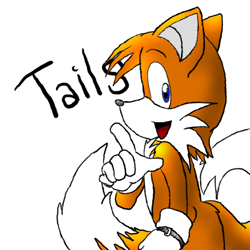 Size: 642x643 | Tagged: safe, artist:sgtyoshi, miles "tails" prower, 2007, character name, looking at viewer, looking back, looking back at viewer, mouth open, simple background, smile, solo, standing, white background