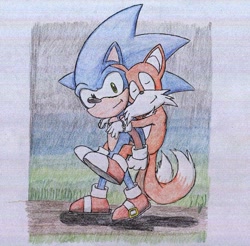 Size: 809x795 | Tagged: safe, artist:sgtyoshi, miles "tails" prower, sonic the hedgehog, 2007, abstract background, carrying them, daytime, duo, eyes closed, grass, outdoors, pencilwork, riding on back, shadow (lighting), smile, traditional media, walking