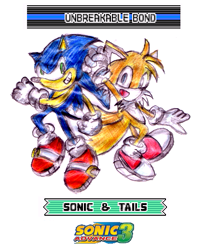 Size: 427x518 | Tagged: safe, artist:titanhedgehog, miles "tails" prower, sonic the hedgehog, 2004, clenched fist, clenched fists, clenched teeth, duo, english text, looking at viewer, mouth open, pencilwork, redraw, simple background, smile, sonic advance 3, traditional media, unbreakable bond, white background