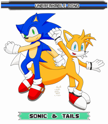 Size: 1043x1200 | Tagged: safe, artist:aqlilac, miles "tails" prower, sonic the hedgehog, 2022, clenched fists, duo, english text, looking offscreen, mid-air, redraw, simple background, smile, sonic advance 3, transparent background, unbreakable bond