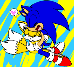 Size: 449x405 | Tagged: safe, artist:sonicschilidog, miles "tails" prower, sonic the hedgehog, 2010, abstract background, cute, duo, eyes closed, flat colors, heart, hugging, kneeling, mouth open, sitting, sonabetes, striped background, tailabetes