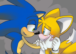 Size: 1000x705 | Tagged: safe, artist:sonicschilidog, miles "tails" prower, sonic the hedgehog, 2014, abstract background, bending over, blushing, clenched teeth, comforting, crying, duo, frown, hands on another's face, holding each other, lidded eyes, looking at each other, mouth open, sad, smile, standing, tears