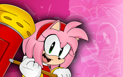 Size: 1280x800 | Tagged: safe, artist:sonicschilidog, amy rose, 2011, echo background, holding something, looking at viewer, mouth open, piko piko hammer, smile, solo, wallpaper