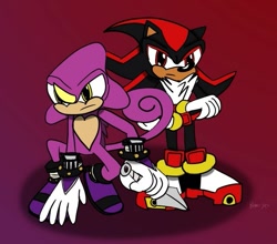 Size: 639x562 | Tagged: safe, artist:beatle-yee, espio the chameleon, shadow the hedgehog, 2023, arms folded, duo, flat colors, frown, gradient background, holding something, kunai knife, looking at viewer, looking offscreen, shadow (lighting), signature