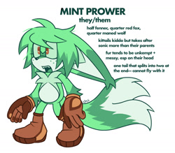 Size: 1759x1542 | Tagged: safe, artist:son1c, oc, oc:mint prower, 2025, boots, brown gloves, brown shoes, character name, english text, fangs, fankid, fennec, freckles, gloves, green fur, looking offscreen, magical gay spawn, mouth open, oc only, orange eyes, parent:kit, parent:tails, parents:kittails, signature, simple background, solo, standing, white background