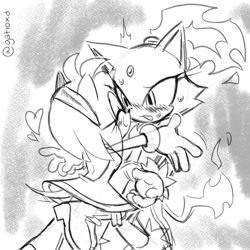 Size: 1000x1000 | Tagged: safe, artist:gatioxd20, amy rose, blaze the cat, 2025, amy x blaze, amybetes, blazebetes, blushing, cute, duo, eyes closed, fire, flame, heart, lesbian, lidded eyes, looking at each other, monochrome, shipping, signature, smile, standing, sweatdrop