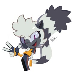 Size: 1077x1061 | Tagged: safe, artist:freessso, tangle the lemur, 2025, looking at viewer, mouth open, signature, simple background, smile, solo, standing, v sign, white background