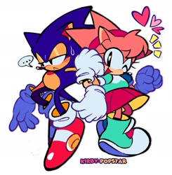 Size: 1915x1954 | Tagged: safe, artist:kirby-popstar, amy rose, sonic the hedgehog, ..., 2025, amybetes, blushing, classic amy, cute, duo, heart, lidded eyes, linking arms, looking at viewer, looking offscreen, redraw, shipping denied, signature, simple background, smile, sonabetes, sonic is not amused, sweatdrop, unamused, white background, wink