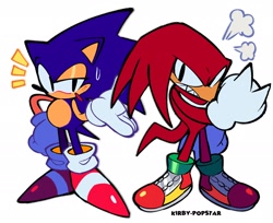 Size: 2048x1673 | Tagged: safe, artist:kirby-popstar, knuckles the echidna, sonic the hedgehog, 2025, clenched fists, clenched teeth, cute, duo, hand on hip, knucklebetes, looking at viewer, redraw, sharp teeth, shrugging, signature, simple background, sonabetes, sweatdrop, white background