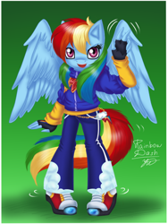 Size: 600x800 | Tagged: dead source, safe, artist:yuki-orin, 2013, barely sonic related, character name, charm, fingerless gloves, gradient background, jacket, lineless, looking at viewer, mobianified, mouth open, my little pony, pants, pegasus, pony, rainbow dash, shadow (lighting), shoes, signature, smile, solo, standing, waving