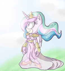 Size: 3172x3429 | Tagged: dead source, safe, artist:atomiclance, abstract background, alicorn, barely sonic related, clouds, crossover, daytime, dress, grass, looking offscreen, mobianified, my little pony, outdoors, pony, princess celestia, smile, solo, standing