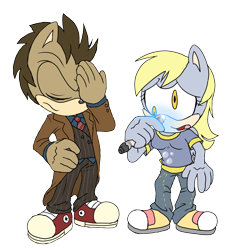 Size: 4992x5247 | Tagged: dead source, safe, artist:atomiclance, barely sonic related, clothes, confused, crossover, derpy hooves, doctor whooves, duo, earth pony, eyes closed, facepalm, flat colors, frown, hand on hip, holding something, mobianified, my little pony, pegasus, pony, simple background, standing, transparent background