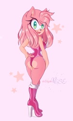 Size: 855x1408 | Tagged: suggestive, artist:gene73123rose, amy rose, butt, high heels, long hair, signature, solo, star (symbol)